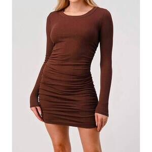 NEW HASHTTAG side scrunch ribbed long sleeve dress in brown